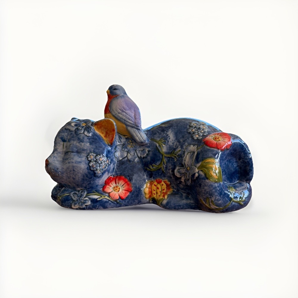 Le Jardin 12" Blue Ceramic Sleeping Cat‎ Figurine w/ Bird & Floral Design – Rare